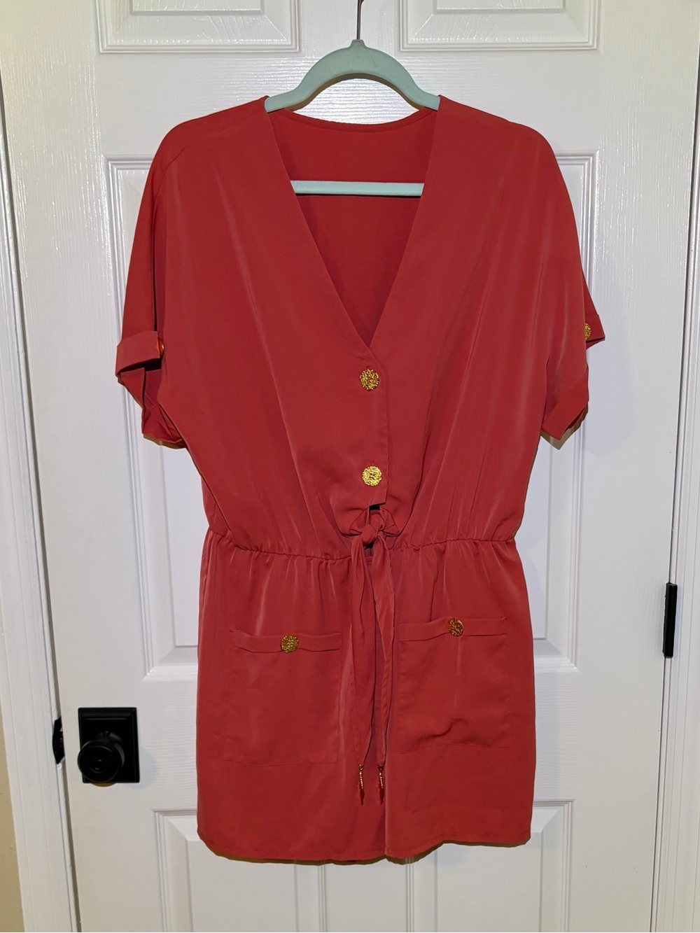 NWOT Coral Rust Romper with Gold Metallic Accents on Self Tie Belt. Size XL